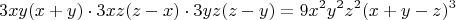 $$ 3xy(x+y)\cdot 3xz(z-x)\cdot 3yz(z-y)=9x^2y^2z^2(x+y-z)^3$$
