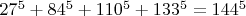 $27^5 + 84^5 + 110^5 + 133^5 = 144^5$