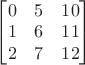 $\qquad
\begin{bmatrix}
0 & 5 & 10 \\
1 & 6 & 11 \\
2 & 7 & 12
\end{bmatrix}$