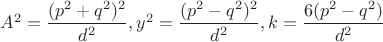 $A^2=\dfrac{(p^2+q^2)^2}{d^2}, y^2=\dfrac{(p^2-q^2)^2}{d^2}, k=\dfrac{6(p^2-q^2)}{d^2}$