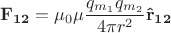 $$\mathbf{F_{12}}=\mu_0 \mu \frac{q_{m_1} q_{m_2}} {4 \pi r^2}\mathbf{\hat{r}_{12}}$$
