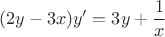 $$(2y-3x)y'=3y+\frac{1}{x}$$