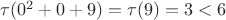 $\tau(0^2+0+9)=\tau(9)=3<6$