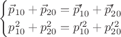 $$\begin{cases} \vec{p}_{10}+\vec{p}_{20}=\vec{p}_{10}'+\vec{p}_{20}' \\
p_{10}^2+p_{20}^2=p_{10}'^2+p_{20}'^2\end{cases}$$