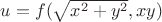 $u=f(\sqrt{x^2+y^2}, xy)$