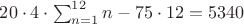 $20\cdot4\cdot\sum_{n=1}^{12}n-75\cdot12=5340$