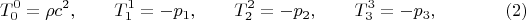 $$T^0_0=\rho c^2,\qquad T^1_1=-p_1,\qquad T^2_2=-p_2,\qquad T^3_3=-p_3,\eqno(2)$$