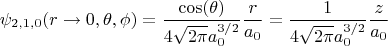 $$\psi_{2,1,0}(r \rightarrow 0,\theta,\phi)=\frac{\cos(\theta)}{4\sqrt{2\pi}a_0^{3/2}}\frac{r}{a_0}=\frac{1}{4\sqrt{2\pi}a_0^{3/2}}\frac{z}{a_0}$$