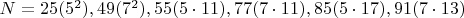 $N=25(5^2),49(7^2),55(5\cdot 11),77(7\cdot 11),85(5\cdot 17),91(7\cdot 13)$