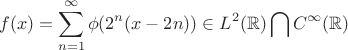 $$f(x)=\sum_{n=1}^\infty\phi(2^n(x-2n))\in L^2(\mathbb{R})\bigcap C^\infty(\mathbb{R})$$