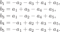 $\\
b_1=-a_2-a_3+a_4+a_5,\\
b_2=a_1+a_3-a_4-a_5,\\
b_3=a_1-a_2-a_4+a_5,\\
b_4=-a_1+a_2+a_3-a_5,\\
b_5=-a_1+a_2-a_3+a_4.
$