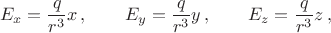 $$E_x=\frac{q}{r^3}x\,,\qquad E_y=\frac{q}{r^3}y\,,\qquad E_z=\frac{q}{r^3}z\,,$$