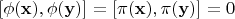 $[\phi (\mathbf{x}), \phi (\mathbf{y})] = [\pi (\mathbf{x}), \pi (\mathbf{y})] = 0$