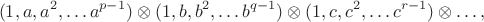 $$(1, a, a^2 , \dots a^{p-1} )\otimes (1, b, b^2 , \dots b^{q - 1}) \otimes (1, c, c^2 , \dots c^{r -1}) \otimes \dots,$$
