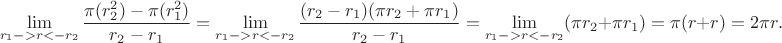 $$\lim\limits_{r_1->r<-r_2}\frac{\pi (r_2^2)-\pi (r_1^2)}{r_2-r_1}=\lim\limits_{r_1->r<-r_2}\frac{(r_2-r_1) (\pi r_2+\pi r_1)}{r_2-r_1}=\lim\limits_{r_1->r<-r_2} (\pi r_2+\pi r_1)=\pi (r+r)=2\pi r.$$