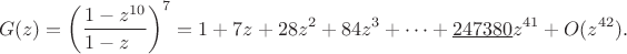 $$
G(z) = \left(\frac{1-z^{10}}{1-z\phantom{^{10}}}\right)^7=
1+7z+28z^2+84z^3+\cdots+\underline{247380}z^{41}+O(z^{42}).
$$