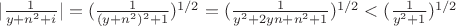 $\lvert \frac{1}{y + n^2 + i} \rvert = (\frac{1}{(y + n^2)^2 + 1})^{1/2} = (\frac{1}{y^2 + 2yn + n^2 + 1})^{1/2} < (\frac{1}{y^2 + 1})^{1/2}$