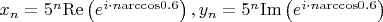 $\[
x_n  = 5^n {\mathop{\rm Re}\nolimits} \left( {e^{i \cdot n{\rm{arccos}}0.6} } \right),y_n  = 5^n {\mathop{\rm Im}\nolimits} \left( {e^{i \cdot n{\rm{arccos}}0.6} } \right)
\]$