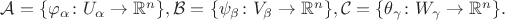 $\mathcal{A} =\{\varphi_{\alpha} \colon U_{\alpha} \to \mathbb{R}^n\}, \mathcal{B}=\{\psi_{\beta} \colon V_{\beta} \to \mathbb{R}^n\}, \mathcal{C}=\{\theta_{\gamma} \colon W_{\gamma} \to \mathbb{R}^n\}.$