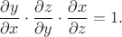 $$\frac{\partial y}{\partial x}\cdot\frac{\partial z}{\partial y}\cdot\frac{\partial x}{\partial z}=1.$$