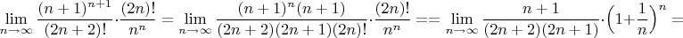 $$\lim\limits_{n\to \infty} \dfrac{(n+1)^{n+1}}{(2n+2)!}\cdot \dfrac{(2n)!}{n^n}=
\lim\limits_{n\to \infty} \dfrac{(n+1)^n(n+1)}{(2n+2)(2n+1)(2n)!}\cdot \dfrac{(2n)!}{n^n}=
=\lim\limits_{n\to \infty} \dfrac{n+1}{(2n+2)(2n+1)}\cdot \Big (1+\dfrac{1}n\Big)^n=$$