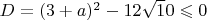 $D=(3+a)^2-12\sqrt10\leqslant 0$