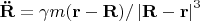 ${\bf{\ddot R}} = \gamma m({\bf{r}} - {\bf{R}})/\left| {{\bf{R}} - {\bf{r}}} \right|^3 $