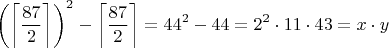 $$\left(\left\lceil\frac{87}{2}\right\rceil\right)^2-\left\lceil\frac{87}{2}\right\rceil=44^2-44=2^2\cdot 11\cdot 43=x\cdot y$$