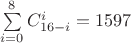 $\sum \limits _{i=0}^8C\limits ^i_{16-i}=1597$