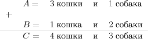 $$
\begin{tabular}{lllll}
& $A =$ & $3\;\text{кошки}$ & $\text{и}$ & $1\;\text{собака}$ \\
$+$ &  &  &  \\
& $B =$ & $1\;\text{кошка}$ & $\text{и}$ & $2\;\text{собаки}$ \\
\hline
& $C =$ & $4\;\text{кошки}$ & $\text{и}$ & $3\;\text{собаки}$
\end{tabular}
$$