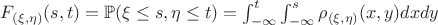 $F_{(\xi,\eta)}(s, t) = \mathbb{P}(\xi \leq s, \eta \leq t) = \int_{-\infty}^{t}\int_{-\infty}^{s}\rho_{(\xi, \eta)}(x,y)dxdy$ $F_{(\xi,\eta)}(s, t) = \mathbb{P}(\xi \leq s, \eta \leq t) = \int_{-\infty}^{t}\int_{-\infty}^{s}\rho_{(\xi, \eta)}(x,y)dxdy$