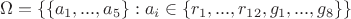 $$\Omega = \{ \{a_1, ... , a_5\}: a_i \in \{r_1, ..., r_{12}, g_1, ..., g_8\} \}$$