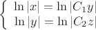 $$\left\{
\begin{array}{rcl}
\ln|{x}|=\ln|{C_{1} y}| \\
\ln|{y}|=\ln|{C_{2} z}| \\
\end{array}
\right.$$