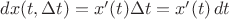 $dx(t,\Delta t)=x'(t)\Delta t=x'(t)\,dt$