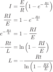 $$\begin{align*}
I&= \frac E R \Big(1-e^{-\frac{Rt}{L}}  \Big) \\
\frac{RI}{E}& =1-e^{-\frac{Rt}{L}}  \\
e^{-\frac{Rt}{L}}&=1-\frac{RI}{E} \\
-\frac{Rt}{L} &= \ln \Big(1-\frac{RI}{E}\Big) \\
L& =-\dfrac{Rt}{\ln \Big(1-\frac{RI}{E}  \Big)}
\end{align*}$$