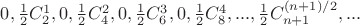 $0,\frac 1 2 {C^1_2},0,\frac 1 2  {C^2_4},0,\frac 1 2 {C^3_6},0,\frac 1 2  {C^4_8},...,\frac 1 2 {C^{(n+1)/2}_{n+1}} ,...$