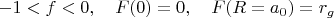 $-1<f<0, \quad  F(0)=0,\quad F(R=a_0)=r_g $