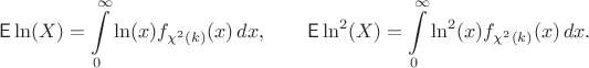 $$\mathsf E\ln(X) = \int\limits_0^{\infty} \ln(x) f_{\chi^2(k)}(x)\,dx, \qquad \mathsf E\ln^2(X) = \int\limits_0^{\infty} \ln^2(x) f_{\chi^2(k)}(x)\,dx.$$