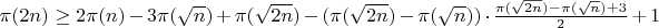 \pi(2n)\ge2\pi(n)-3\pi(\sqrt{n}) +\pi(\sqrt{2n}) -  (\pi(\sqrt{2n})-\pi(\sqrt{n}))\cdot\frac{\pi(\sqrt{2n})-\pi(\sqrt n)+3}{2} +1