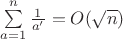 $\sum\limits_{a=1}^{n}\frac{1}{a'} = O(\sqrt{n})$
