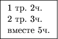 $$\framebox{\begin{array}{l}
\mbox{1 тр. 2ч. }\\
\mbox{2 тр. 3ч.}\\
\mbox{вместе 5ч.}
\end{array}}$$