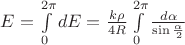 $E=\int\limits_0^{2\pi}dE=\frac{k\rho}{4R}\int\limits_0^{2\pi}\frac{d\alpha}{\sin\frac\alpha2}$