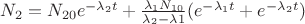 $N_{2}=N_{20}e^{-\lambda_{2}t}+\frac{\lambda_{1}N_{10}}{\lambda_{2}-\lambda{1}}(e^{-\lambda_{1}t}+e^{-\lambda_{2}t})$