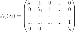 $$
J_{r_i}(\lambda_i) = 
\begin{pmatrix}
\lambda_i & 1 & 0 & ... & 0 \\
0 & \lambda_i & 1 & ... & 0 \\
... & ... & ... & ... & ... \\
... & ... & ... & ... & 1 \\
0 & 0 &...& ... & \lambda_i \\
\end{pmatrix}
$$