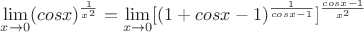 $\lim\limits_{x\to 0}(cos x)^{\frac{1}{x^2}}=\lim\limits_{x\to 0}[(1+cos x-1)^{\frac{1}{cos x-1}}]^{\frac{cos x-1}{x^2}}$
