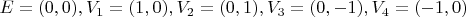 $E=(0,0), V_1=(1,0), V_2=(0,1), V_3=(0,-1), V_4=(-1,0)$