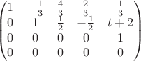 $$\begin{pmatrix}
1&-\frac{1}{3} &\frac{4}{3} & \frac{2}{3} & \frac{1}{3} \\
0 & 1 &\frac{1}{2}& -\frac{1}{2}& t+2 \\
0 &0 &0 & 0 & 1 \\
0 &0 &0 & 0 & 0
\end{pmatrix}$$ $$\begin{pmatrix}
1&-\frac{1}{3} &\frac{4}{3} & \frac{2}{3} & \frac{1}{3} \\
0 & 1 &\frac{1}{2}& -\frac{1}{2}& t+2 \\
0 &0 &0 & 0 & 1 \\
0 &0 &0 & 0 & 0
\end{pmatrix}$$