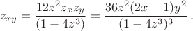 $$z_{xy}=\frac{12z^2z_xz_y}{(1-4z^3)}=\frac{36z^2(2x-1)y^2}{(1-4z^3)^3}\,.$$