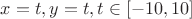 $x = t, y = t, t \in [-10, 10]$