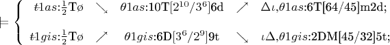 $$
\def\-#1{\lefteqn{$--$}#1}
\models\left\{
\begin{array}{rcccl}
\-t1as{:}\frac{1}{2}\mbox{T}\o  & \searrow & \theta1as\mbox{:10T}[2^{10}/3^{6}]\mbox{6d} & \nearrow & \Delta\iota{,}\theta1as\mbox{:6T[64/45]m2d;} \\
\\
\-t1gis{:}\frac{1}{2}\mbox{T}\o & \nearrow & \theta1gis\mbox{:6D}[3^{6}/2^{9}]\mbox{9t} & \searrow & \iota\Delta{,}\theta1gis\mbox{:2DM[45/32]5t;} \\
\end{array}
\right
$$
